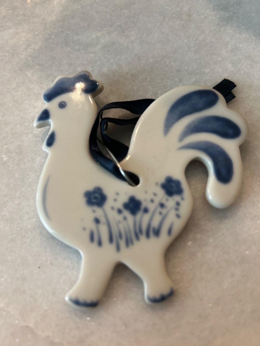 Russ Berrie Blue & White Porcelain Rooster Chicken w/Floral Vintage Ornament